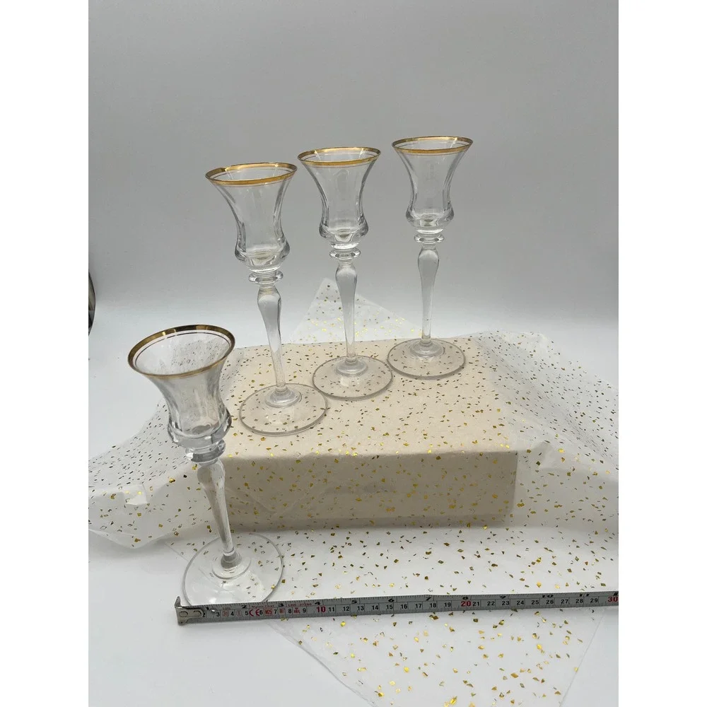 Unbranded Crystal Candle Holder Set 4 Clear Gold Rim Excellent Tapered Stem 8in